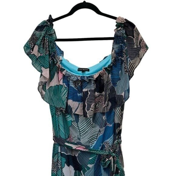 Lane Bryant 16 Petite Maxi Dress Off the Shoulder Ruffle Blue Green Floral Leaf - Picture 3 of 10